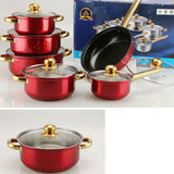 Maxbell 6x Pots and Pans Set Saucepan Sturdy Cookware Set for Indoor Camping Kitchen 18PCS Wine Red