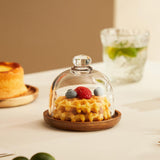 Maxbell Wood Cake Tray with Glass Dome Serving Tray for Holiday Shop Display Kitchen 10.4cmx9cm