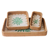 Maxbell 3 Pieces Rattan Storage Basket Set Rustic Gift for Coffee Table Home Kitchen Green leaves