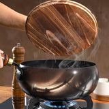 Maxbell Iron Wok Universal Sautee with Wood Handle Round Bottom Pot for Home Kitchen without cover