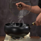 Maxbell Iron Wok Universal Sautee with Wood Handle Round Bottom Pot for Home Kitchen glass cover