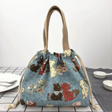 Maxbell Canvas Drawstring Lunch Box Reusable Bento Tote Bag for Camping Travel Beach Blue