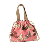 Maxbell Canvas Drawstring Lunch Box Reusable Bento Tote Bag for Camping Travel Beach Pink