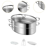 Maxbell Fish Steaming Pot with Cover Oval Cookware for Eggs Vegetables Coarse Grains Double Layer
