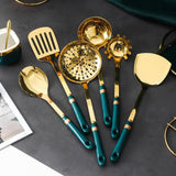 Maxbell 7x Kitchen Utensils Set Slotted Spatula Pasta Server Large Spoon with Holder green