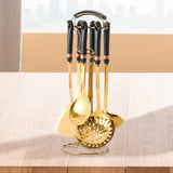 Maxbell 7x Kitchen Utensils Set Slotted Spatula Pasta Server Large Spoon with Holder black