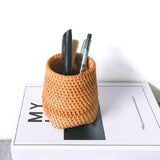 Maxbell Hand Woven Rattan Pen Holder Basket Desk Organizer for Home Tea Room Kitchen