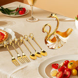 Maxbell Swan Base Holder with 3 Spoons & 3 Forks Metal for Salads Espresso Cocktails White