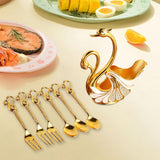 Maxbell Swan Base Holder with 3 Spoons & 3 Forks Metal for Salads Espresso Cocktails White