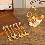 Maxbell Swan Base Holder with 3 Spoons & 3 Forks Metal for Salads Espresso Cocktails White