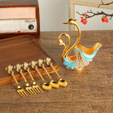 Maxbell Swan Base Holder with 3 Spoons & 3 Forks Metal for Salads Espresso Cocktails Light Blue