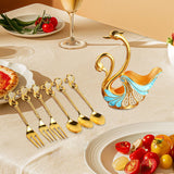 Maxbell Swan Base Holder with 3 Spoons & 3 Forks Metal for Salads Espresso Cocktails Light Blue
