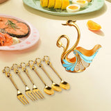 Maxbell Swan Base Holder with 3 Spoons & 3 Forks Metal for Salads Espresso Cocktails Light Blue