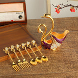 Maxbell Swan Base Holder with 3 Spoons & 3 Forks Metal for Salads Espresso Cocktails Violet