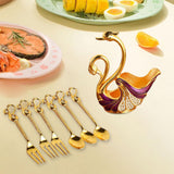 Maxbell Swan Base Holder with 3 Spoons & 3 Forks Metal for Salads Espresso Cocktails Violet