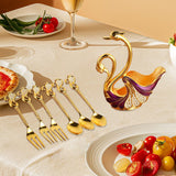 Maxbell Swan Base Holder with 3 Spoons & 3 Forks Metal for Salads Espresso Cocktails Violet