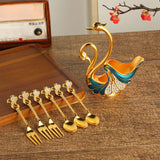 Maxbell Swan Base Holder with 3 Spoons & 3 Forks Metal for Salads Espresso Cocktails Dark Blue
