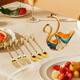 Maxbell Swan Base Holder with 3 Spoons & 3 Forks Metal for Salads Espresso Cocktails Dark Blue