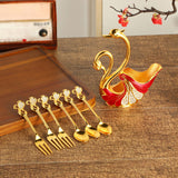 Maxbell Swan Base Holder with 3 Spoons & 3 Forks Metal for Salads Espresso Cocktails Red