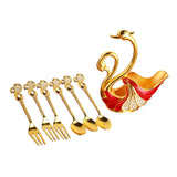 Maxbell Swan Base Holder with 3 Spoons & 3 Forks Metal for Salads Espresso Cocktails Red