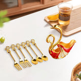 Maxbell Swan Base Holder with 3 Spoons & 3 Forks Metal for Salads Espresso Cocktails Red