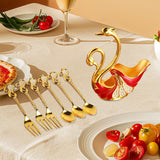 Maxbell Swan Base Holder with 3 Spoons & 3 Forks Metal for Salads Espresso Cocktails Red