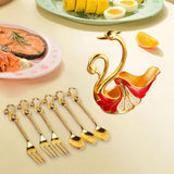 Maxbell Swan Base Holder with 3 Spoons & 3 Forks Metal for Salads Espresso Cocktails Red