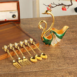 Maxbell Swan Base Holder with 3 Spoons & 3 Forks Metal for Salads Espresso Cocktails Green