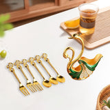 Maxbell Swan Base Holder with 3 Spoons & 3 Forks Metal for Salads Espresso Cocktails Green