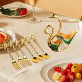 Maxbell Swan Base Holder with 3 Spoons & 3 Forks Metal for Salads Espresso Cocktails Green