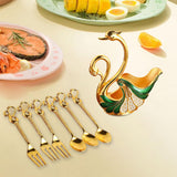 Maxbell Swan Base Holder with 3 Spoons & 3 Forks Metal for Salads Espresso Cocktails Green