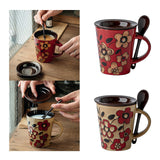 Maxbell Ceramic Coffee Cup Matching Lid and Spoon Latte Mug for Tea Juice Restaurant Red