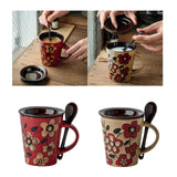 Maxbell Ceramic Coffee Cup Matching Lid and Spoon Latte Mug for Tea Juice Restaurant Red