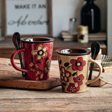 Maxbell Ceramic Coffee Cup Matching Lid and Spoon Latte Mug for Tea Juice Restaurant Red