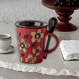 Maxbell Ceramic Coffee Cup Matching Lid and Spoon Latte Mug for Tea Juice Restaurant Red