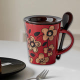 Maxbell Ceramic Coffee Cup Matching Lid and Spoon Latte Mug for Tea Juice Restaurant Red