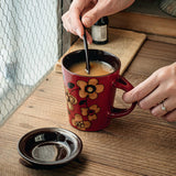 Maxbell Ceramic Coffee Cup Matching Lid and Spoon Latte Mug for Tea Juice Restaurant Red