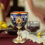 Maxbell Vintage Embossed Water Goblet Home Tiny Drinking Cup European Metal Wine Cup Gold Deep Blue