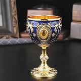 Maxbell Vintage Embossed Water Goblet Home Tiny Drinking Cup European Metal Wine Cup Gold Deep Blue