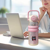 Maxbell Insulated Water Bottle with Handle Cartoon Tumbler for Work Traveling Sports Pink