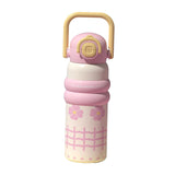 Maxbell Insulated Water Bottle with Handle Cartoon Tumbler for Work Traveling Sports Pink and Yellow