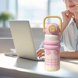Maxbell Insulated Water Bottle with Handle Cartoon Tumbler for Work Traveling Sports Pink and Yellow