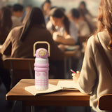 Maxbell Insulated Water Bottle with Handle Cartoon Tumbler for Work Traveling Sports Pink and Yellow