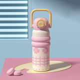 Maxbell Insulated Water Bottle with Handle Cartoon Tumbler for Work Traveling Sports Pink and Yellow