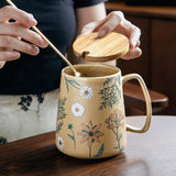 Maxbell Ceramic Coffee Mug for Home Office with Large Handle Gift Drinkware Milk Cup Daisy With Lid