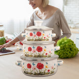 Maxbell 3 Pieces Enamel Stockpot with Lid Gifts Soup Pot for Restaurant Home Cooking Red Flower
