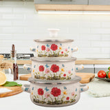 Maxbell 3 Pieces Enamel Stockpot with Lid Gifts Soup Pot for Restaurant Home Cooking Red Flower