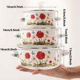 Maxbell 3 Pieces Enamel Stockpot with Lid Gifts Soup Pot for Restaurant Home Cooking Red Flower