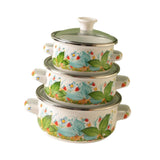 Maxbell 3 Pieces Enamel Stockpot with Lid Gifts Soup Pot for Restaurant Home Cooking Green Leaves