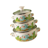 Maxbell 3 Pieces Enamel Stockpot with Lid Gifts Soup Pot for Restaurant Home Cooking Green Leaves